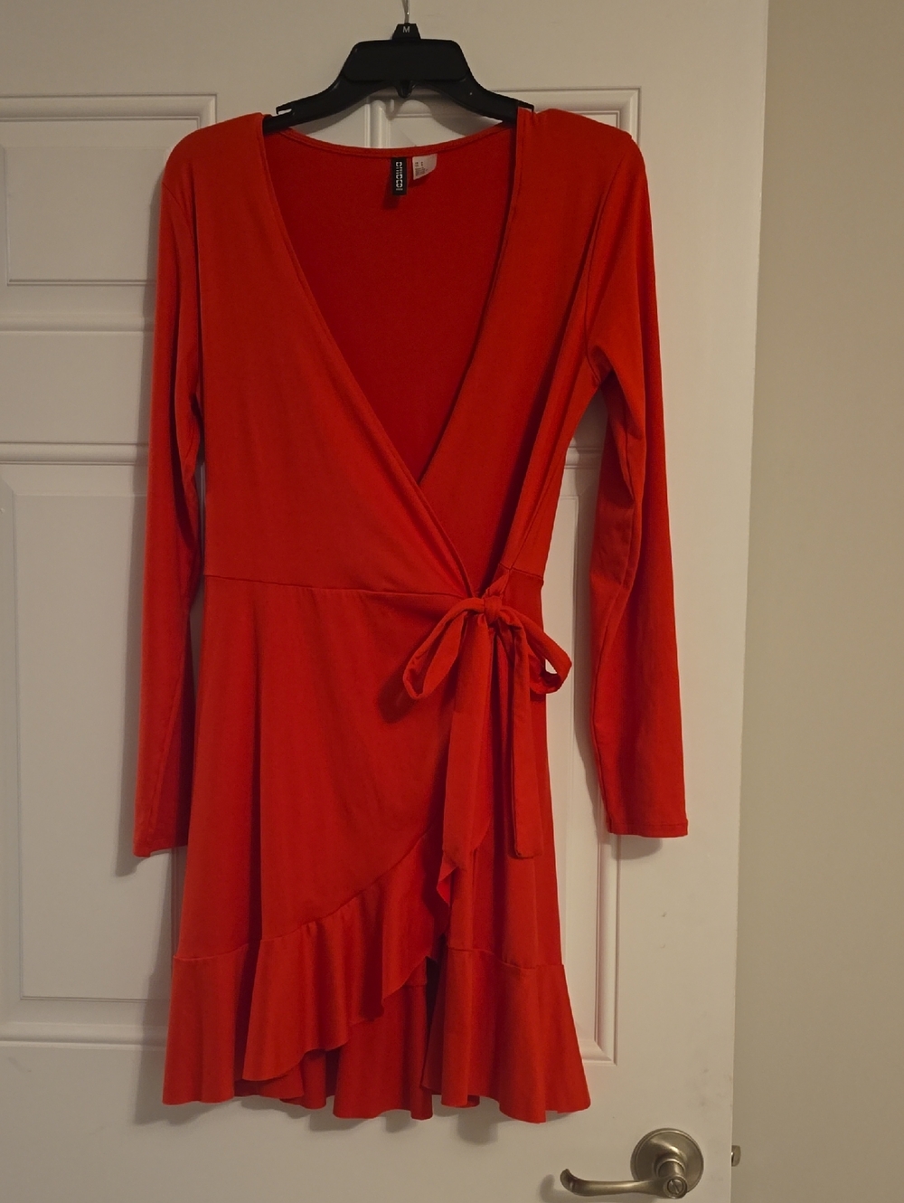 Divided Red Long-Sleeve Wrap Dress with Ruffle Hem